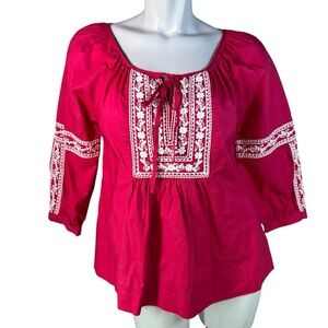 Charter Club 100% Cotton Embroidered Peasant Top in Fuchsia w/ Tie Neck Size 6